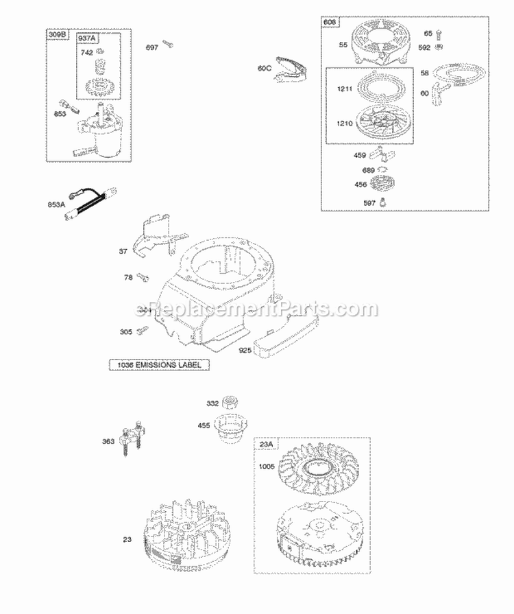 Blower Housing Electric Starter Flywheel Rewind Starter Diagram and Parts List for 122M02-0160-B1  Briggs and Stratton Engine